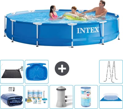 Intex Rond Frame Zwembad - 366 x 76 cm - Blauw - Inclusief Solarzeil - Onderhoudspakket - Zwembadfilterpomp - Filter - Grondzeil - Solar Mat - Ladder - Voetenbad - 9-delig