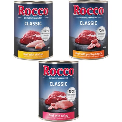 6x400g Classic Gevogelte Mix Rund/Kip, Rund/Gevogeltehart, Rund/Kalkoen Rocco Hondenvoer nat
