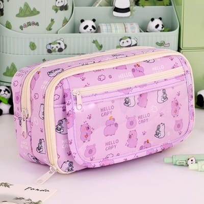 Multifunctionele Capybara/Panda pennenzak Grote capaciteit Negenlaags etui Vuilafstotende schrijfwarentas Schoolkantoor paars