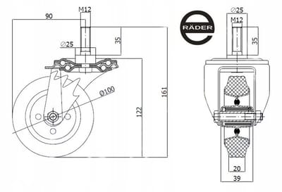 Zwenkwiel Metaal-Rubber 100mm, M12x35 Pin