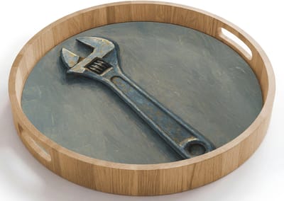 Dienblad rond 40x40 cm - Schootdienblad hout - Moersleutel - Gereedschap - Verf - Borrelplank rechthoek - Plateau houten dienbladen