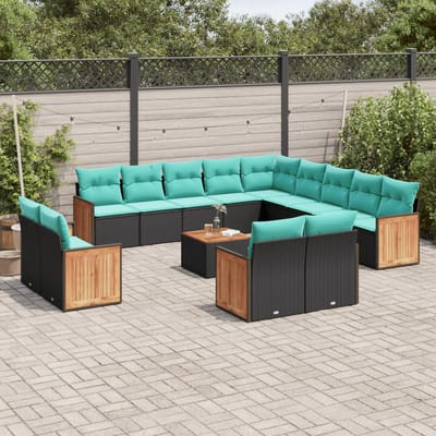 vidaXL - 14-delige - tuinbankset - met - kussens - van - zwart - polyrotan