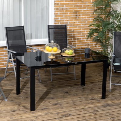 Pugsdrly Tuintafel voor 6 personen, weerbestendig, gehard glas, terrastafel, 150 cm x 90 cm x 74 cm, zwart