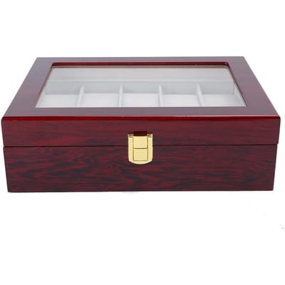 Houten Horloge Displaydoos met 10 Vakken Transparant Venster Horloge Opbergdoos (Rood) gray