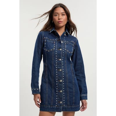 boohoo Dames Met studs versierde westerse denim minijurk | Indigo | Maat: 6