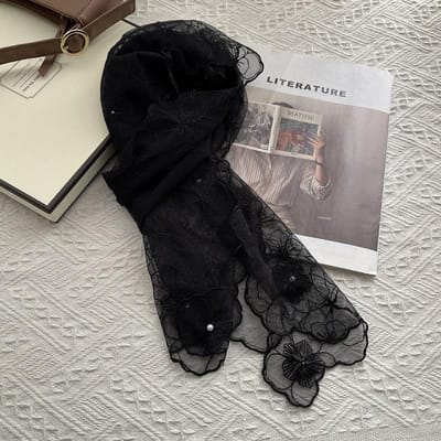 Camellia Liefde Super Fee Kant Geborduurd Kleine Zijden Sjaal Franse Lange Gaas Kant Hoofddoek Taillezegel Vrouwelijk Lente En Zomer 140-30cm gray