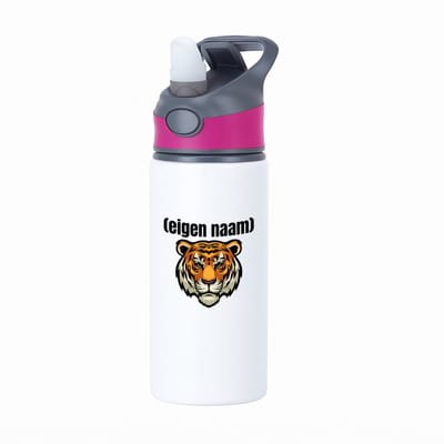 Hacebo® - tijgerkop met eigen naam waterfles met rietje roze - Tijger - dieren liefhebber - iemand die houdt van tijgers - verjaardag - cadeau - kado - geschenk - water fles - 650ML