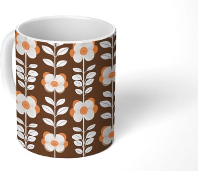 Mok - Koffiemok - Bloemen - Retro - Bruin - Mokken - 350 ML - Beker - Koffiemokken - Theemok