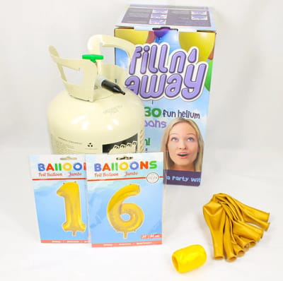 Verjaardag Versiering Pakket 16 jaar - Helium tank voor ballonnen - Versiering 16 Jaar Verjaardag Versiering Volwassenen - Ballonnen Goud & Krullint Goud - Ballonnen 16 jaar - Pakket 2 cijfers 34" + Helium Tank + 10x Ballon metallic + Krullint