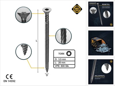 FORTE Tools universele houtschroef 3,5 x 20 mm T15 800 stuks ( 4x 000040113861 ) zilver verzinkt Torx verzonken kop volledig schroefdraad