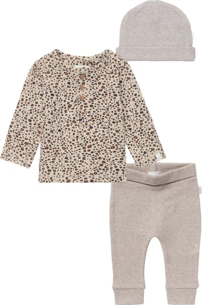Noppies - Kledingset - 3delig - Broek Naura Taupe - Shirt panterprint sand - Muts Nevel Taupe - Maat 56