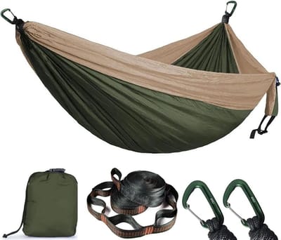 Dubbele campinghangmat - Draagbaar hangbed - Buiten ontspannen - Lichtgewicht en draagbaar - 300x200 cm - Groen en Khaki