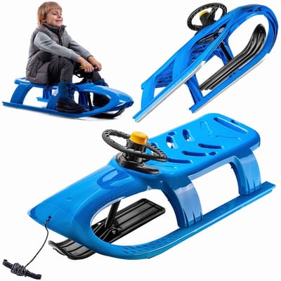 KADAX Kunststof slee met claxon, kinderslee van kunststof, rodel met plaatbeslag, stuurslee met trekkoord en handgreep, slee voor kinderen (blauw)
