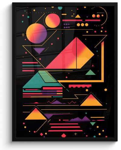 Poster in lijst - Fotolijst 50x70 cm - Posters - Piramides - Cirkels - Neonkleuren - Geometrisch - Posterlijst zwart - Decoratie - Wanddecoratie woonkamer - Muurdecoratie slaapkamer