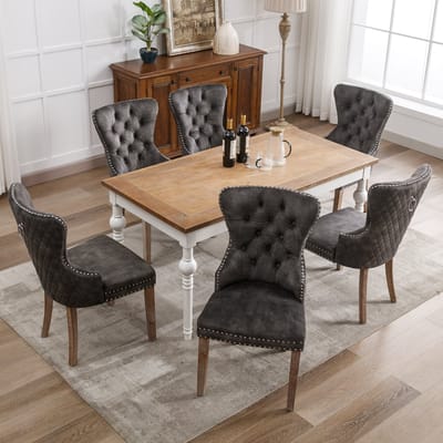 Eetkamerstoel - 6 stuks - keukenstoel, woonkamerstoel met unieke deurklopper aan de achterkant - gestoffeerde stoel met siernagels, massief houten poten, fluwelen bekleding, grijs