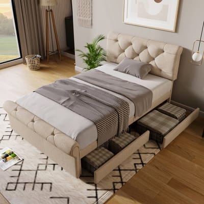 SINGULARITY-Eenpersoonsbed gestoffeerd 90x200cm- bedframe met 2 lades en in hoogte verstelbaar hoofdeinde- naturel- zonder matras