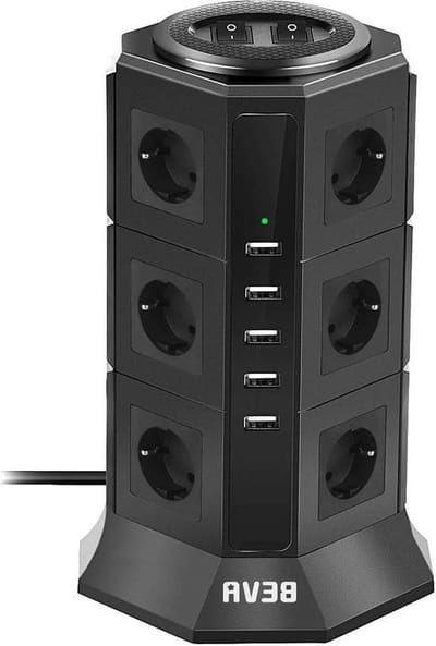 Stekkerdoos 12-Voudige Stekkertoren 5 USB-Stopcontacten Meervoudige Stekker Overspanningsbeveiliging-Kortsluitbeveiliging-2 Schakelaars-2 m Kabel 2500W-10A