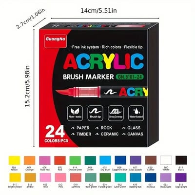K&R Ventures® Acrylstiften - 24 Kleuren - Acryl Marker Stiften voor Glas, Hout, Steen, Keramiek, Stoffen & Canvas - Verfstiften op Waterbasis - Niet Giftig - Voor Volwassenen & Kinderen - Tekenset met Sterke Dekking - Guangna Brush Markers