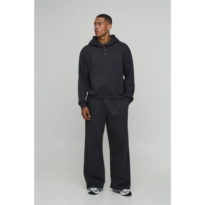 Oversized Boxy Henley Hoodie En Wijde Pijpen Joggingbroek | Charcoal | Size XS