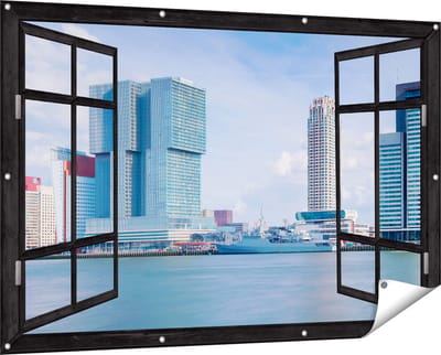 Gards Tuinposter Doorkijk Rotterdamse Skyline aan het Water - 150x100 cm - Tuindoek - Tuindecoratie - Wanddecoratie buiten - Tuinschilderij