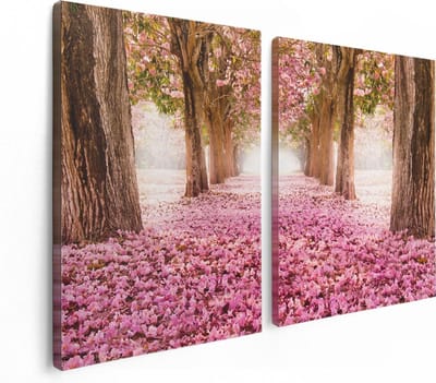Artaza Canvas Schilderij Tweeluik Romantische Bomen Tunnel Met Roze Anjers - 120x80 cm - Wanddecoratie Woonkamer - Schilderijen - Muurdecoratie