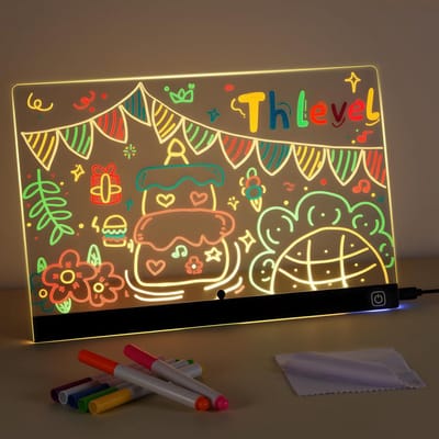 Led-tekenbord voor kinderen, transparant, acryl tekenbord met 7 pennen met schakelaar, 30 x 20 cm