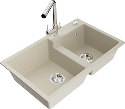 Mexen Tomas dubbele granieten gootsteen met keukenkraan Duero, beige - 6516-69-671600-00