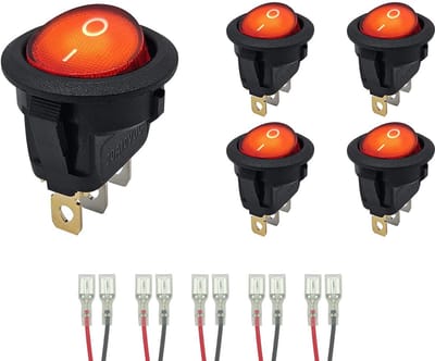 ProRide Wipschakelaar ON-OFF KCD2-12 - met Aansluitkabels - 3-pins - Rond - 12V/20A - Rood - 5 stuks