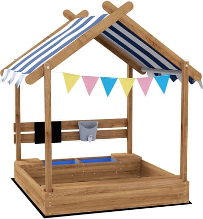 TEKROA® Houten Zandbak met Zonnedak en Speelgoed - Speelhuisje Design - Massief Hout - UV-bescherming - 124x116x146 cm - Bruin