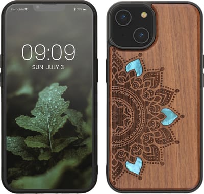 kwmobile telefoonhoesje geschikt voorApple iPhone 14 - Hoesje met bumper - hout - In donkerbruin Parelmoer mandala design