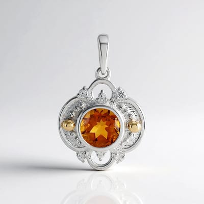 Cavill - Hanger 925 Zilver - 14K Goud Verguld - Madeira Citrien 1,065 ct Rond - 6 Zirkonen 0,119 ct - Elegant Oranje Edelsteen
