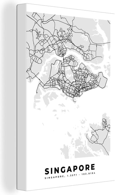 Canvas Schilderij Singapore - Plattegrond - Stadskaart - Zwart Wit - Kaart - 20x30 cm - Wanddecoratie