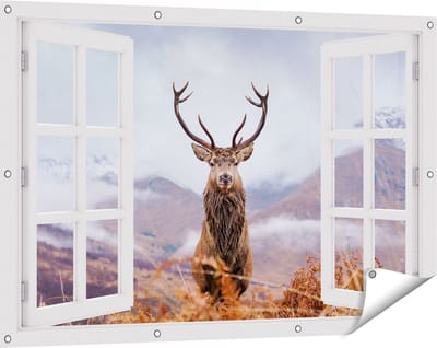 Gards Tuinposter Doorkijk Hert in de Bergen - 120x80 cm - Tuindoek - Tuindecoratie - Wanddecoratie buiten - Tuinschilderij