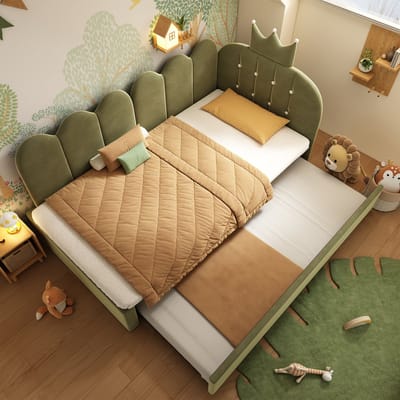 DESMIU Bedbank 90x200cm Uitschuifbaar Eenpersoonsbed Met Kroon En Rasterhoofdbord Uitschuifbed Voor Kinderkamer En Logeerkamer Fluweel Groen Zonder Matras
