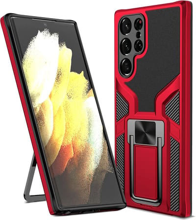 Samsung S22 Ultra hoesje magnetisch Armor Schokbestendige Rood - hoesje Samsung S22 Ultra met ring houder - Galaxy S22 Ultra hoesje Armor - Samsung S22 Ultra case Ultra Slim Soft TPU Cover met kicktand