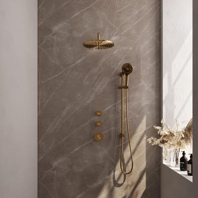 Brauer Gold Carving Thermostatische Regendoucheset Inbouw - Hoofddouche 30 cm - Gebogen Wandarm - Handdouche 3 Standen - Doucheslang - Geintegreerde Glijstang - Geborsteld Goud