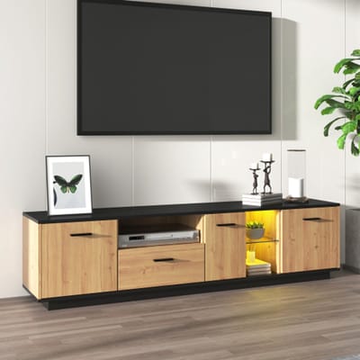 TV-Meubel 180 cm – TV-Kast met Lade, 3 Deuren & 2 Open Vakken met Glas – Zwart & Houtkleur – LED Verlichting met 15 Kleuren – TV-Board / Lowboard voor Woonkamer