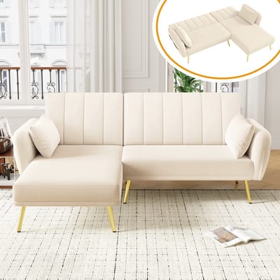 Sweiko Hoekbank - Opvouwbare L-vormige bank - Slaapfunctie - 2 kussens - Beige