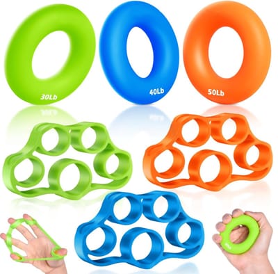 6 Stuks Handgreepversterker - Handgriptrainer - Vingerstrekker - Handtrainer - Grip Trainer - 3 Vingerstrekkers En 3 Handknijpers - Siliconen - Verlicht Polspijn en Klachten Bij Carpaal Tunnelsyndroom - Oranje/Groen/Blauw
