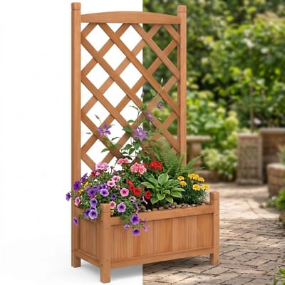 Plantenbak met klimrek - Weerbestendig - Bloembak - Met trellis - Buiten - Hout - Plantenrek - Vierkant- 35 Liter - Bruin