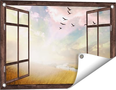 Gards Tuinposter Doorkijk Groep Vogels Vliegen Boven het Gras - 60x40 cm - Tuindoek - Tuindecoratie - Wanddecoratie buiten - Tuinschilderij