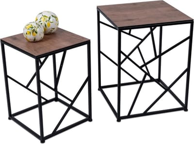Bijzet tafel - 2set - Smeedijzer - 32x46cm - 40x53cm - Krasvrij glasplaat - Houtnerf bruin - Zwart - Bruin - Boltze