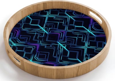 Dienblad rond 40x40 cm - Schootdienblad hout - Gaming - Ruitvormen - Abstract - Neon - Paars - Borrelplank rechthoek - Plateau houten dienbladen