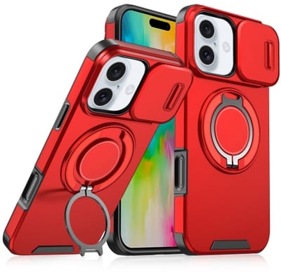 Backcover Hoes Geschikt voor: Apple iPhone 16 - Magnetische Ringhouder met Sliding Lens Camshield - Rood