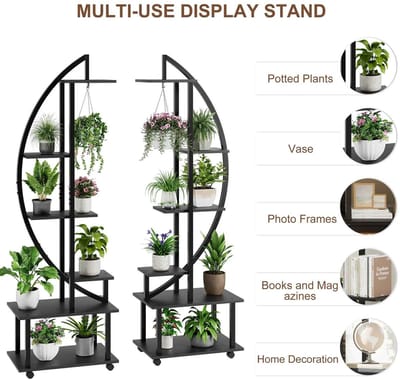 Casa Living Plantenstandaard - 6 Laags Plantenrek - Met Wielen - Halvemaanvormig Hoekdesign - Metaal en Houtlook - Zwart