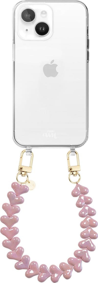 xoxo Wildhearts siliconen hoesje geschikt voor iPhone 15 Plus hoesje - Funky Hearts - Telefoonhoesje - Hoesje met koord - Metallic Roze koord - kort telefoonkoord - Hartjes ketting - Transparant hoesje