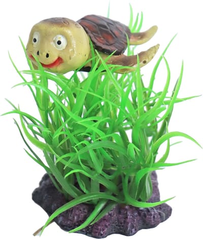 De Boon Plant met schildpad 10 cm | decoratief aquarium ornament met schuilplek