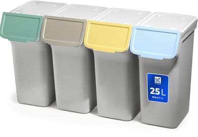 KADAX Afvalemmer met deksel, plastic afvalemmer voor afvalscheiding, rechthoekige afvalemmer met klapdeksel (grijs, 4 x 25 l)