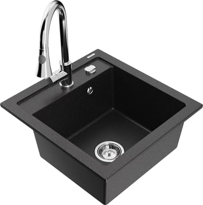 Mexen Vito granieten spoelbak met 1 bakje en keukenmengkraan Elia, zwart/zilver metallic - 6503-73-670101-00
