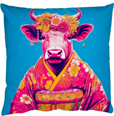 Sierkussens - Kussentjes Woonkamer - 50x50 cm - Koe - Bloemenkrans - Oorhangers - Kimono